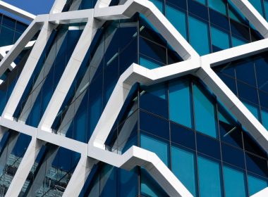 Exterior view of glass office building