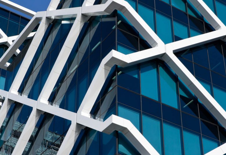 Exterior view of glass office building