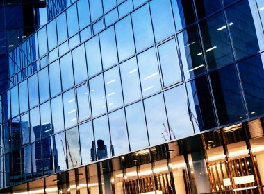 Exterior view of glass office building
