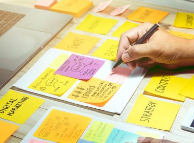 Desk covered with post-it notes