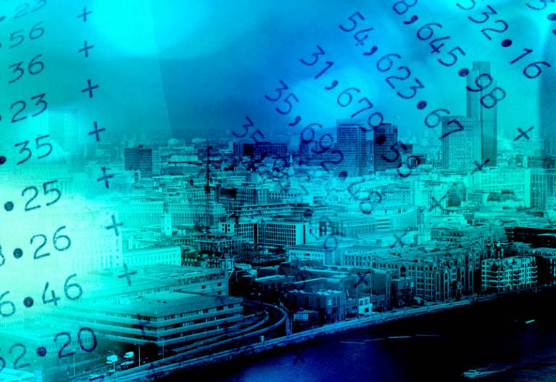 Bank account figures superimposed over a city skyline
