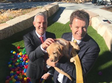 Dale Cleaver with NSW Attorney-General Mark Speakman, who announced the rollout of a new Canine Court Companion Program in July