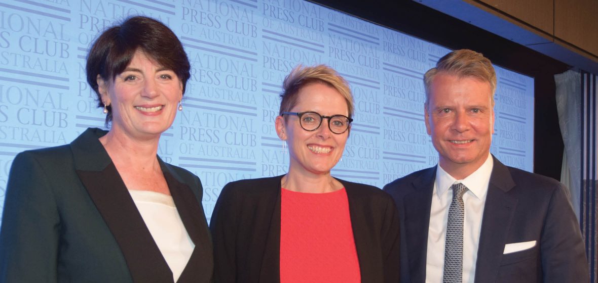 Centre: National Press Club Chair Sabra Lane with Law Council Immediate Past President Fiona McLeod (left) and President Morry Bailes.