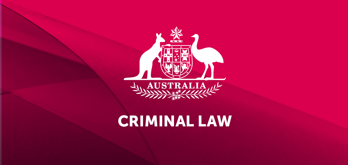 Legal updates Criminal law logo - Australian coat of arms on a pink background with the words Criminal Law