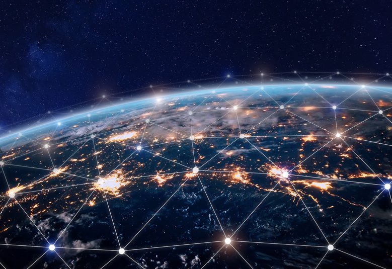 Aerial view of the world with lines and dots connecting locations.