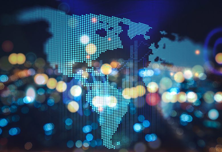 Digital map of the world with coloured lights throughout.