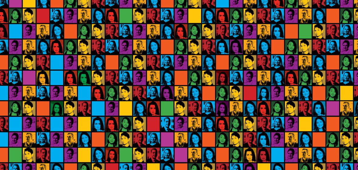 Multi-coloured squares with photographs of legal innovators