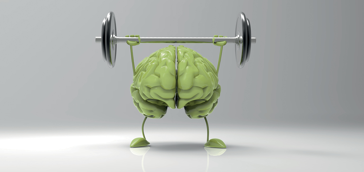 model of the brain lifting a dumbbell