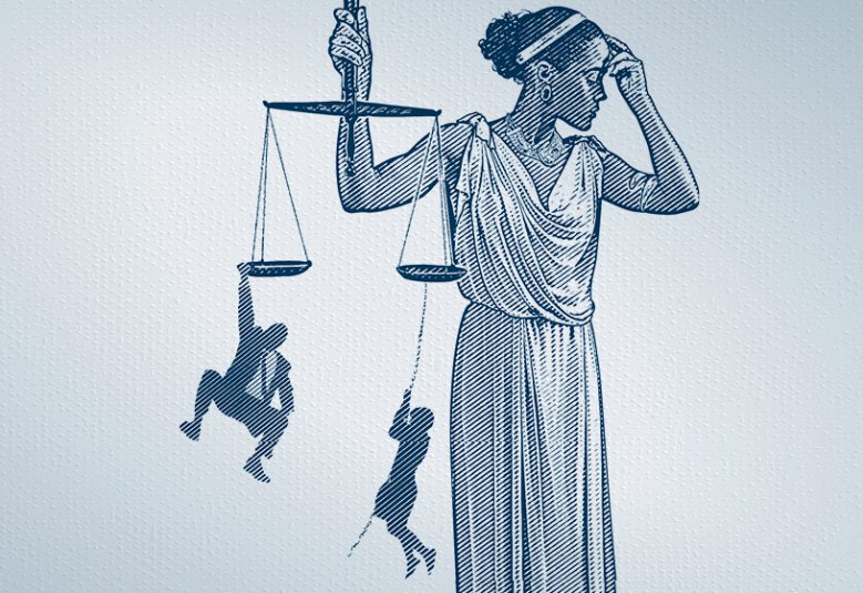 Illustration of Lady Justice holding scales with a person hanging from each side