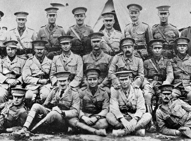 Group portrait of some of the original and 1st Reinforcement officers of the 7th Light Horse Regiment at Maadi. Identified left to right, back row: Second Lieutenant (2nd Lt) Alan Thorne, C Squadron (later Lt, killed in action 27 April 1915); 2nd Lt John Oswald Stevenson C Squadron (later Captain (Capt)); 2nd Lt Nathaniel Dunbar Barton (later Major (Maj)); 2nd Lt Alan Kendrick Evelyn Maney-Lake; 2nd Lt Percy Joseph Higgins, A Squadron; 2nd Lt Hubert Charles Griffiths Weston, B Squadron; Lt Patrick Thomas Elliott, B Squadron; Maj Luke Bice and Lt Arthur Leeman Fulton. Second row: Capt Harold Charles de Low; Capt Arthur Wellesly Hyman; Maj Thomas Lloyd Forster Rutledge; Colonel George Macleay Arthur Onslow; Lieutenant Colonel John McLean Arnott; Major Edward Windeyer; Maj Harold Bruce Suttor; Capt Sydney Joseph Gilbert, Veterinary Officer; Capt John Dalzell Richardson, A Squadron. Front row: Lt William George Board, adjutant, 2nd Lt Thomas Harold Bird,A Squadron; Capt Hugo Flecker, Medical Officer; Lt Horace William Gilchrist, A Squadron (later died of wounds 29 June 1915) and Lt Harry Vernon Jackson.
