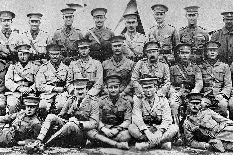 Group portrait of some of the original and 1st Reinforcement officers of the 7th Light Horse Regiment at Maadi. Identified left to right, back row: Second Lieutenant (2nd Lt) Alan Thorne, C Squadron (later Lt, killed in action 27 April 1915); 2nd Lt John Oswald Stevenson C Squadron (later Captain (Capt)); 2nd Lt Nathaniel Dunbar Barton (later Major (Maj)); 2nd Lt Alan Kendrick Evelyn Maney-Lake; 2nd Lt Percy Joseph Higgins, A Squadron; 2nd Lt Hubert Charles Griffiths Weston, B Squadron; Lt Patrick Thomas Elliott, B Squadron; Maj Luke Bice and Lt Arthur Leeman Fulton. Second row: Capt Harold Charles de Low; Capt Arthur Wellesly Hyman; Maj Thomas Lloyd Forster Rutledge; Colonel George Macleay Arthur Onslow; Lieutenant Colonel John McLean Arnott; Major Edward Windeyer; Maj Harold Bruce Suttor; Capt Sydney Joseph Gilbert, Veterinary Officer; Capt John Dalzell Richardson, A Squadron. Front row: Lt William George Board, adjutant, 2nd Lt Thomas Harold Bird,A Squadron; Capt Hugo Flecker, Medical Officer; Lt Horace William Gilchrist, A Squadron (later died of wounds 29 June 1915) and Lt Harry Vernon Jackson.