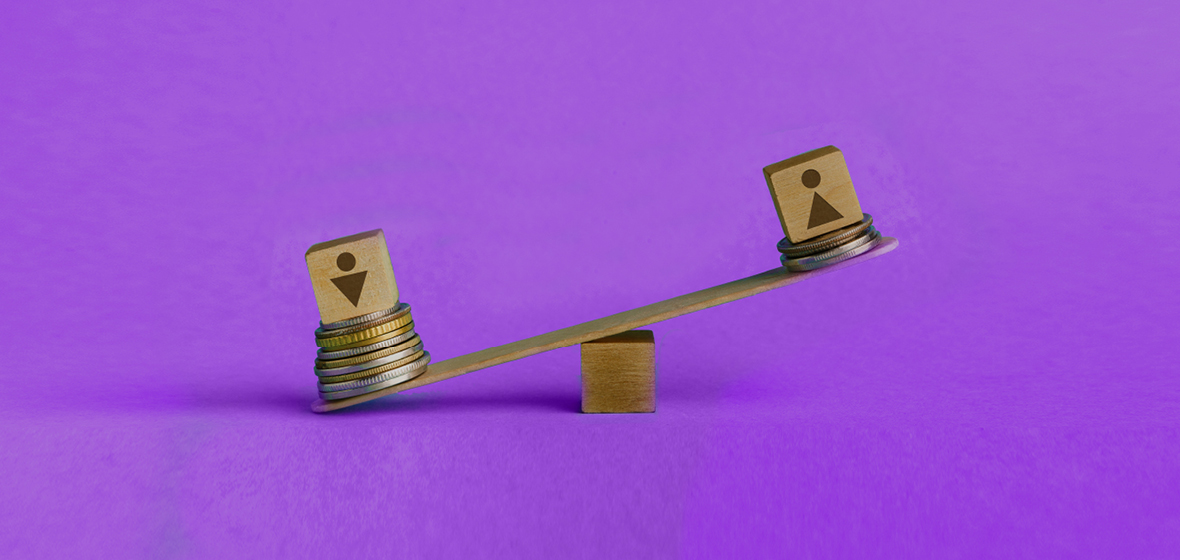 Image of unbalanced scale on purple background