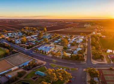 Aerial panorama of Monash - small town in South Australia at sunset