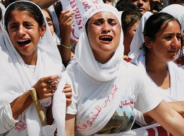 Yazidi Kurdish women chant slogans during a protest against the Islamic State in Dohuk, northern Iraq, 3 August 2015
