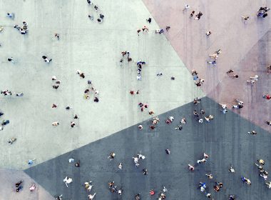 aerial photograph of people walking