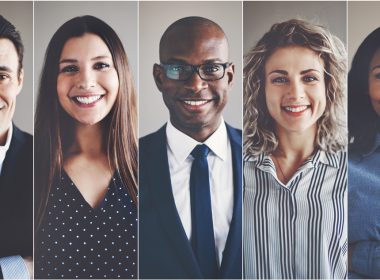 Collage of portraits of a diverse group of focused business professionals