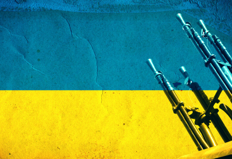 image depicting war crimes with colours of Ukraine flag and weapons