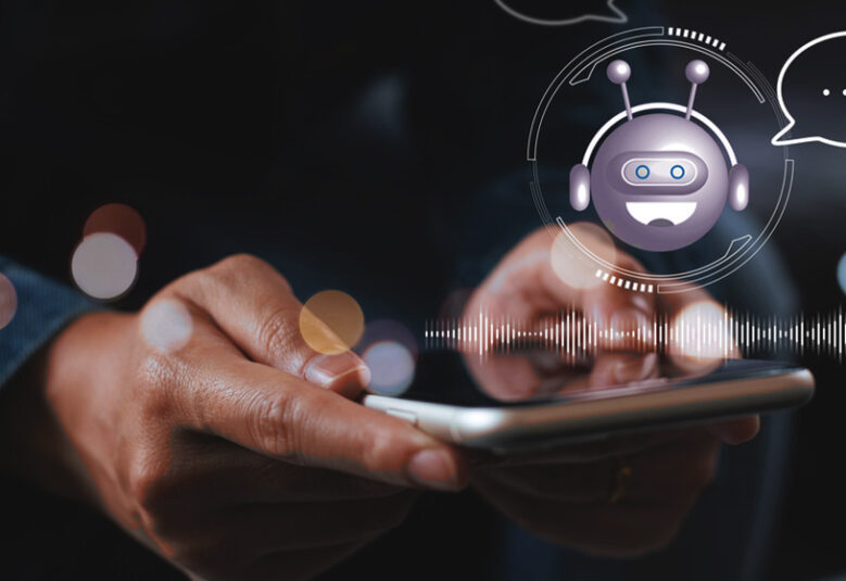 image of woman's hands holding phone with chatbot